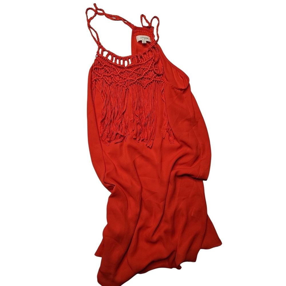 Umgee Coral Red Macrame Fringe Tank Boho Crochet Sleeveless Small Dress #442
